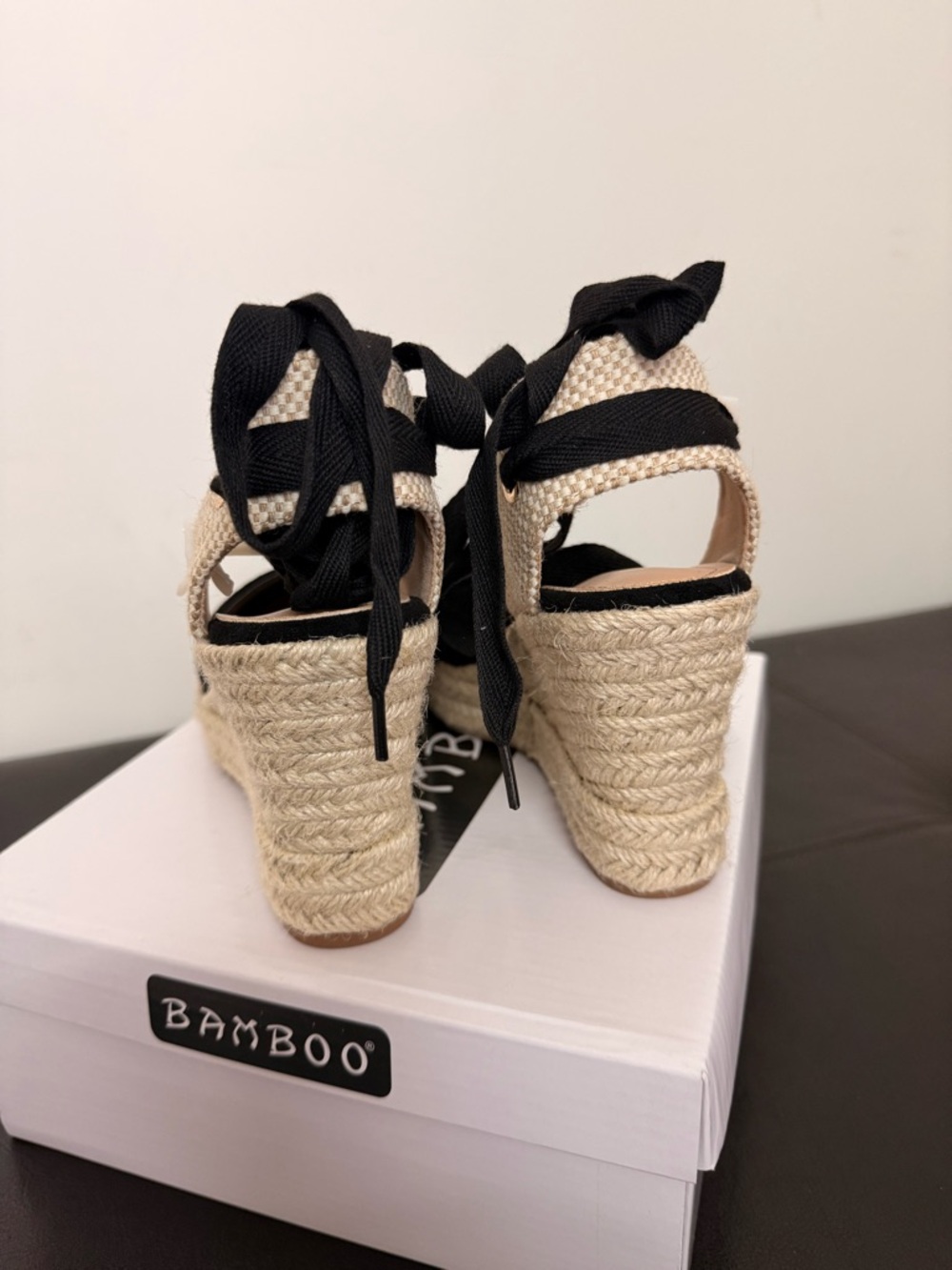 BAMBOO Black Espadrille Wedge Ankle Tie Platform Sandals - Picture 4 of 5